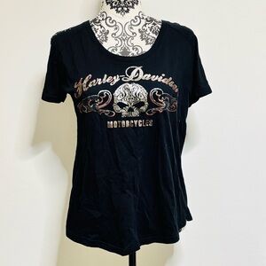 Harley Davidson Motorcycles Women's Large Black Cap Sleeve T-Shirt Embellishment